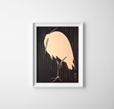 Plakat retro do salonu Żurawie w deszczu autorstwa Ohary Koson