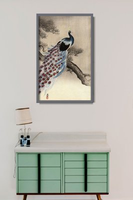 Retro plakat Paw na gałęzi sosny autorstwa Ohary Koson