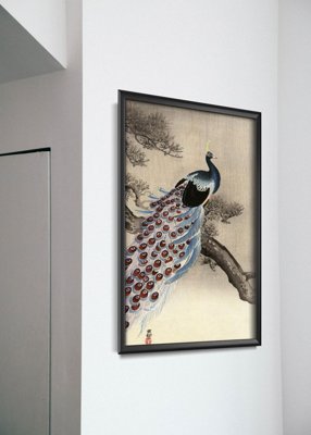 Retro plakat Paw na gałęzi sosny autorstwa Ohary Koson