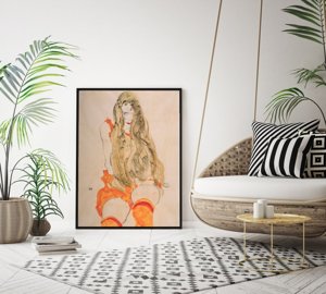 Plakat retro do salonu Siedząca dziewczyna z opadającymi włosami Egon Schiele