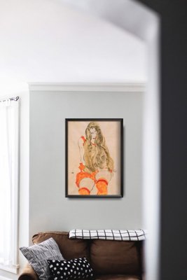Plakat retro do salonu Siedząca dziewczyna z opadającymi włosami Egon Schiele