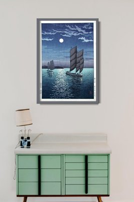Plakat w stylu retro Łodzie nocą autorstwa Tsuchiya Koitsu