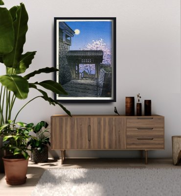 Plakat w stylu vintage Kwiat wiśni i księżyc w zamku Matsuyama Kawase Hasui