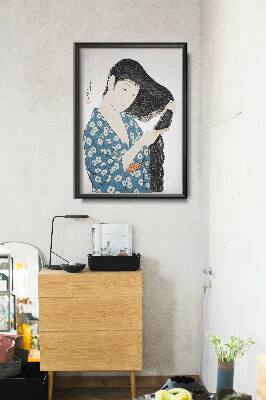 Plakat retro do salonu Kobieta w niebieskim czesaniu włosów