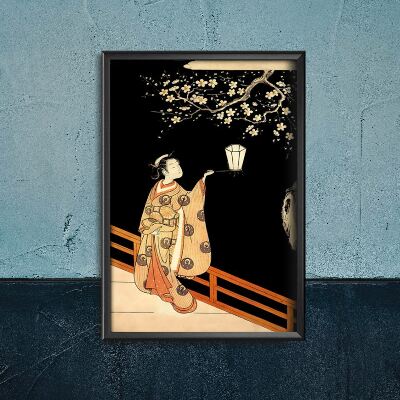 Plakat w stylu retro Kobieta podziwiająca kwiaty śliwki w nocy