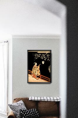 Plakat w stylu retro Kobieta podziwiająca kwiaty śliwki w nocy