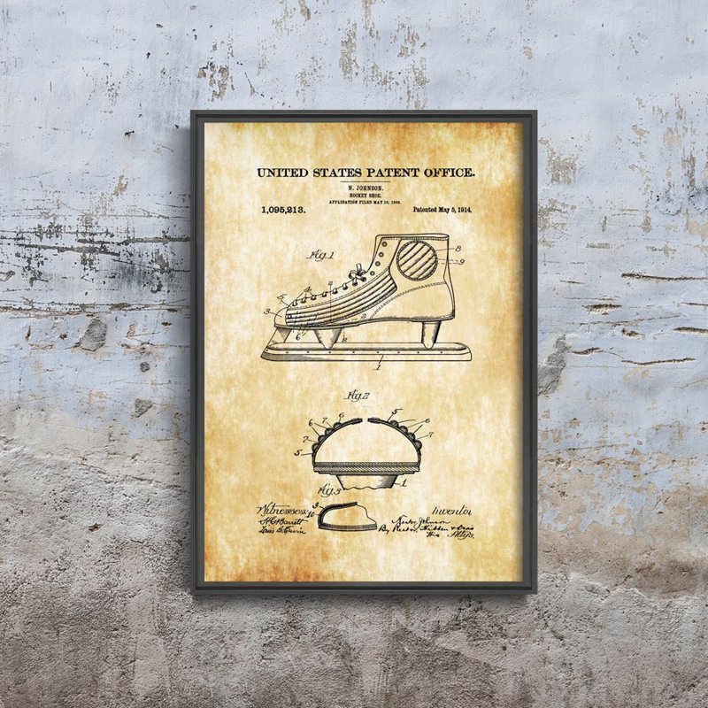 Plakat retro do salonu Hokej na lodzie Johnson Shoe Patent USA
