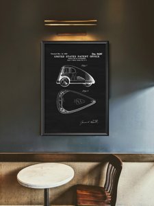 Plakat vintage do salonu Patent na pojazd trójkołowy