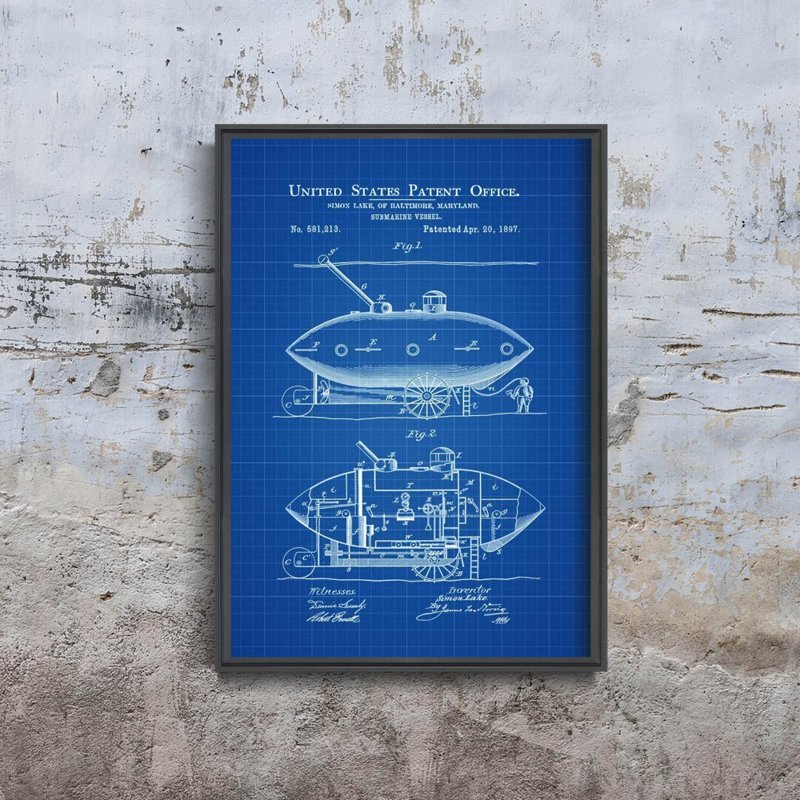 Plakat w stylu retro Patent USA na łódź podwodną