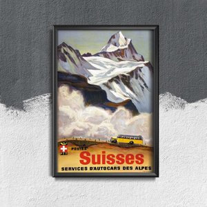Plakat vintage do salonu Szwajcaria Alpy Autobusy