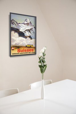 Plakat vintage do salonu Szwajcaria Alpy Autobusy