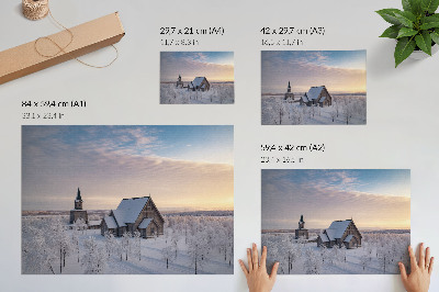Plakat dekoracyjny z motywem zimowego kościoła