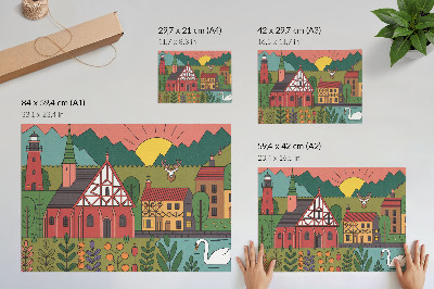 Plakat dekoracyjny przedstawiający wiejski krajobraz